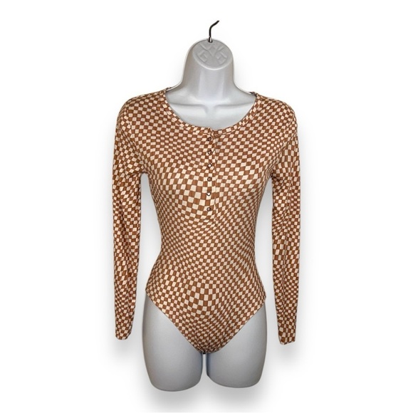 XS Y2K RUE21 CHECKERED BEIGE WHITE BODYSUIT LONG SLEEVE STRETCH - Picture 1 of 13